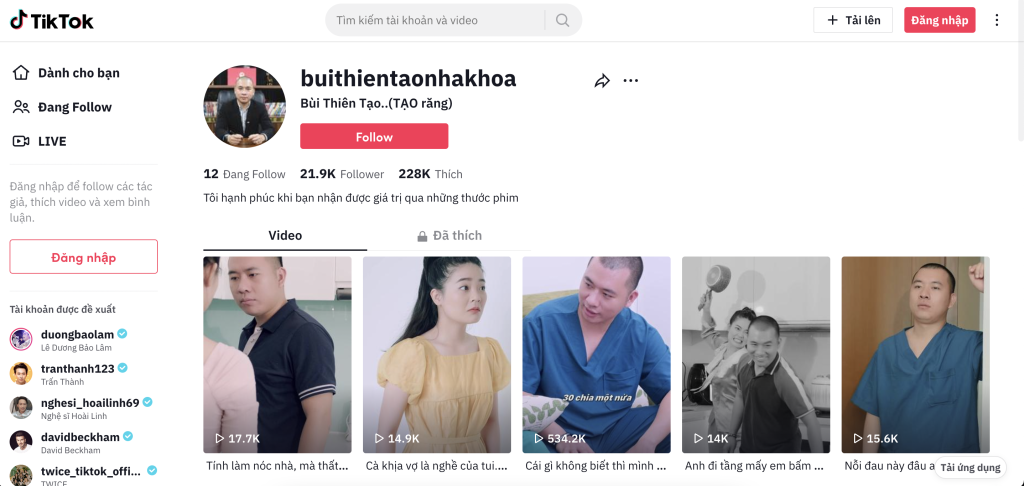 kênh Tiktok cho phòng khám răng